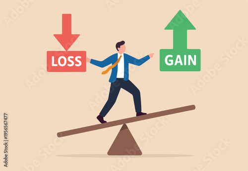 Loss and gain on investment, earning, profit or lose money from stock or crypto trade, financial green and red arrow chart concept, businessman investor balance on seesaw holding loss and gain arrow.