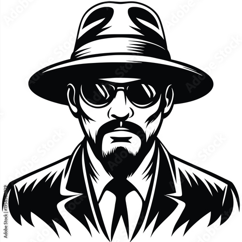 Black and white depicts a bearded man with sunglasses and a fedora