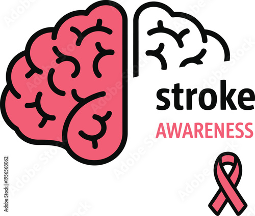Stroke awareness poster with human brain illustration and pink awareness ribbon