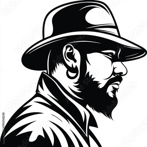 Black and white depicts a stylish bearded man wearing a hat in profile