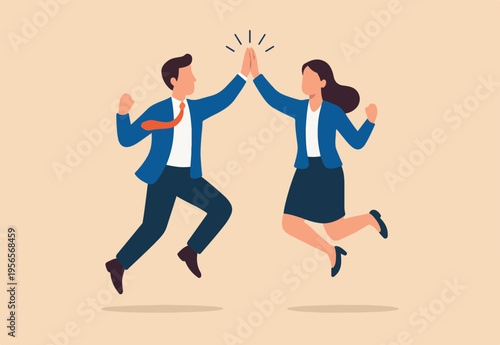 Team success winners, hi five or congratulation on business goal achievement, collaboration or encouragement concept, happy businessman and woman teamwork coworkers jumping and hi five clapping hands