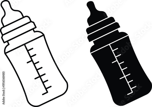 Two simple vector icons of baby bottles, one in outline and one solid black, both featuring clear measurement markings for infant feeding.