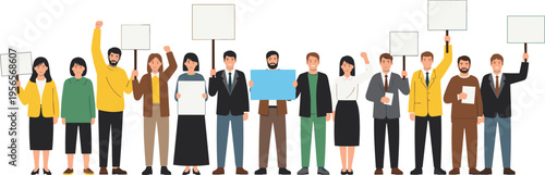 diverse group protest, people holding blank signs, demonstration crowd, social activism concept, public rally, unity teamwork, community voices, peaceful protest