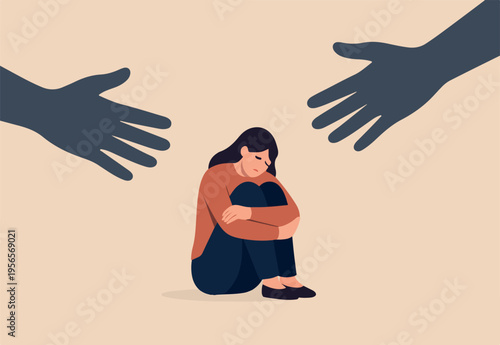 Woman abuse victim, violence or sexual harassment fear, depression or anxiety problem, social bullying or marriage suffering concept, solitude depressed woman victim sitting with abusive hands