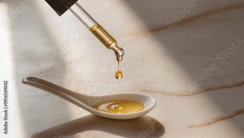 Golden vitamin D3 oil drips from a dropper into a white spoon, highlighted by natural sunlight on a marble surface for a clean, modern wellness concept