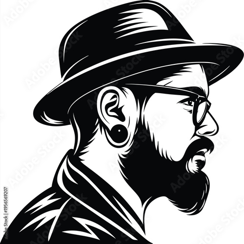 Black and white silhouette depicts a bearded man wearing a hat and glasses in profile