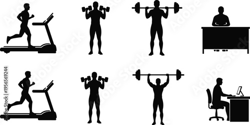 Fitness and office lifestyle silhouettes set, workout training and desk work balance, gym exercise collection, isolated black figures, health concept