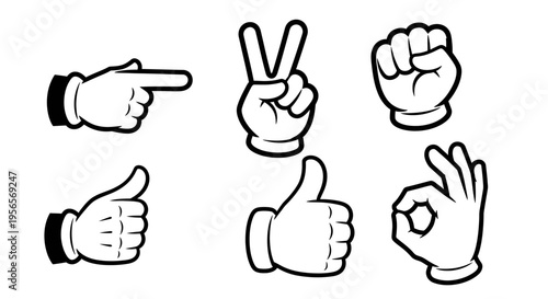 Set of Cartoon Style Hand Gestures Including Thumbs Up and Peace Sign on Isolated White Background