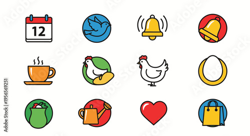 Set of Colorful Everyday Object and App Icons on Isolated White Background