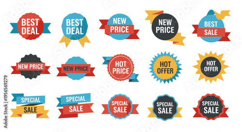 Collection of Best Deal Hot Offer Special Sale Price Discount Badges and Labels on Isolated White Background