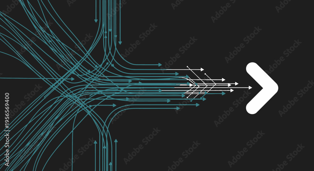 Εκτύπωση καμβά Abstract network diagram with diverging and converging light blue arrows leading to a single white arrow on a dark background