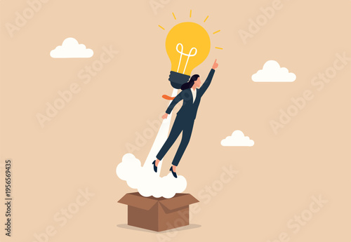 Idea, creativity or think outside the box, solution or think difference, wisdom or imagination to success concept, smart businesswoman with lightbulb idea as rocket booster flying from open box