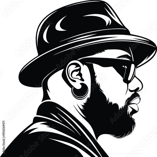 Black man sporting sunglasses and hat in art showcases profile view