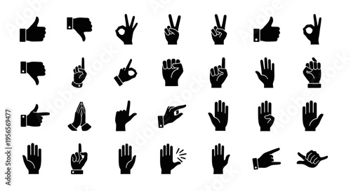 Collection of black silhouette hand gestures and communication signs on an isolated white background.