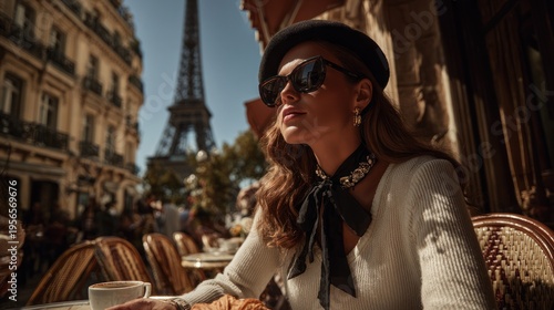 Parisian woman enjoying coffee and croissant at cafe