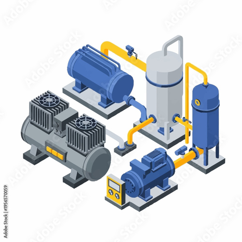 Industrial Air Compressor System with Tanks and Motor.