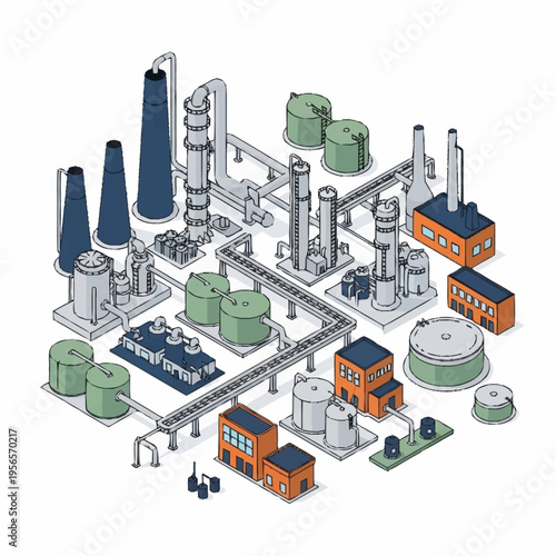 Industrial Complex with Various Structures and Pipelines.