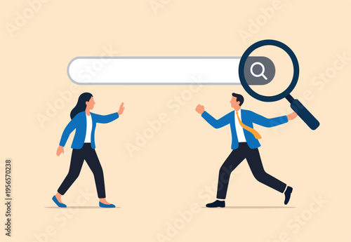 Search new job, finding candidate or discover talent, hiring and recruitment, SEO search engine optimization, find career opportunity concept, business people HR push magnifying glass on search bar