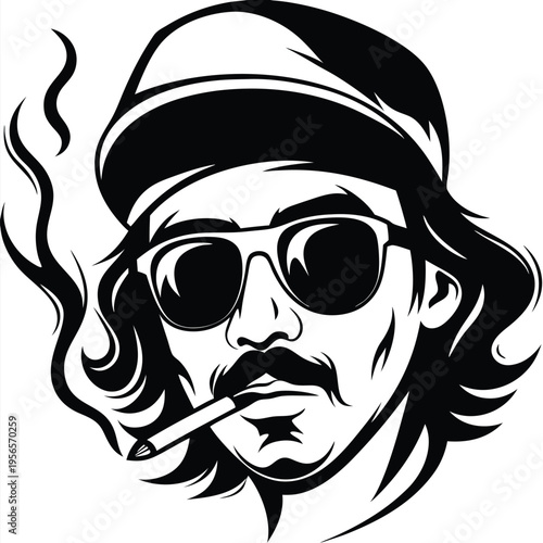 Bold monochrome portrait reveals mustached man in cap smoking with dark sunglasses