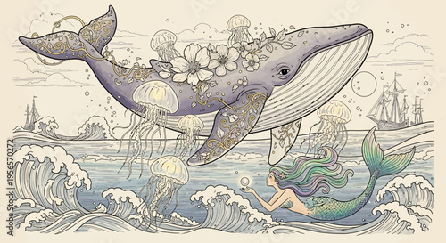 Whimsical Mermaid and Whale Illustration with Jellyfish and Ocean Waves