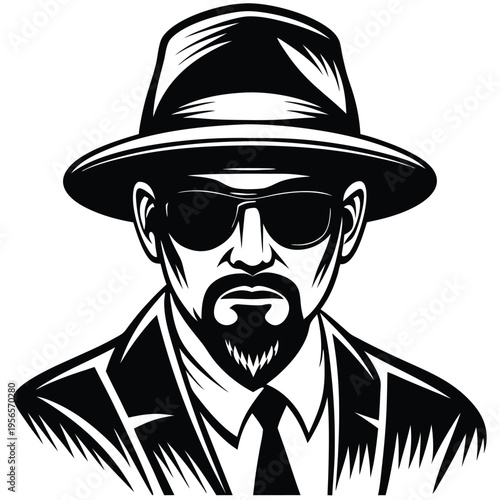 Bold man with sunglasses, fedora, goatee, tie, and suit exudes confidence in black and white