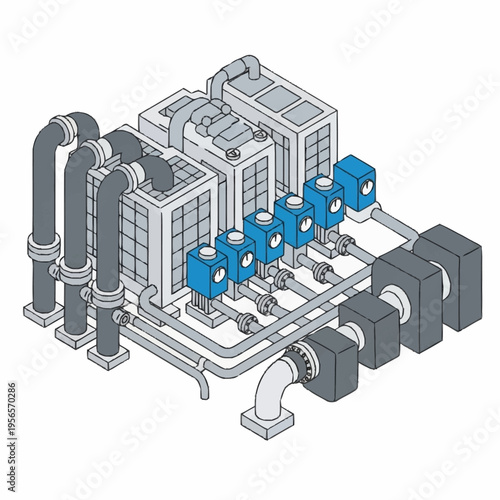 Industrial HVAC System with Multiple Compressors and Piping.