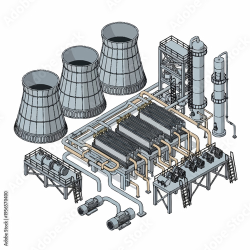 Industrial Power Plant Cooling Towers and Processing Equipment.