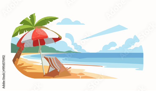 Tropical Seashore with Beach Chair and Umbrella Cartoon Summer Vector Art