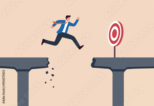 Survive and success in crisis, businessman jumping on collapse bridge to reach target