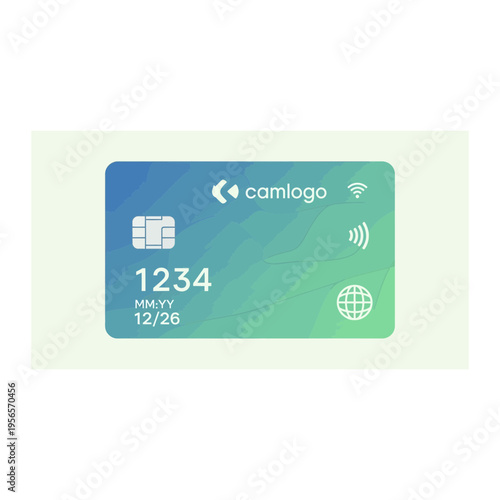Secure Credit Card with Abstract Blue Green Pattern and Global Icon