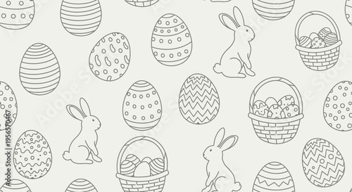 Seamless Easter Pattern with Hand-Drawn Bunnies and Decorated Eggs