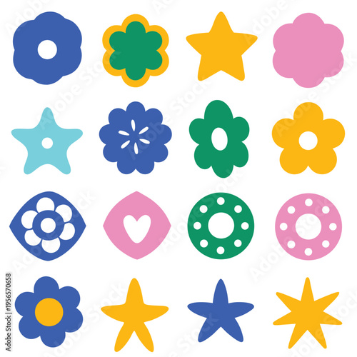 Colorful flower and star shapes in various forms appear against a white background