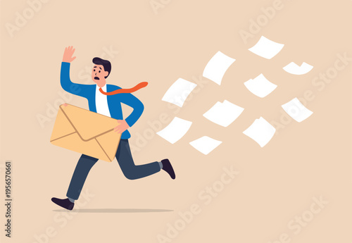 Overwhelmed or work overload, exhausted and anxiety, stressed and tired from problem and trouble, panic attack or shocked, , fearful businessman runaway from paperwork