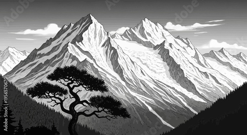 Black and White Mountain Landscape with Pine Tree Vector Illustration