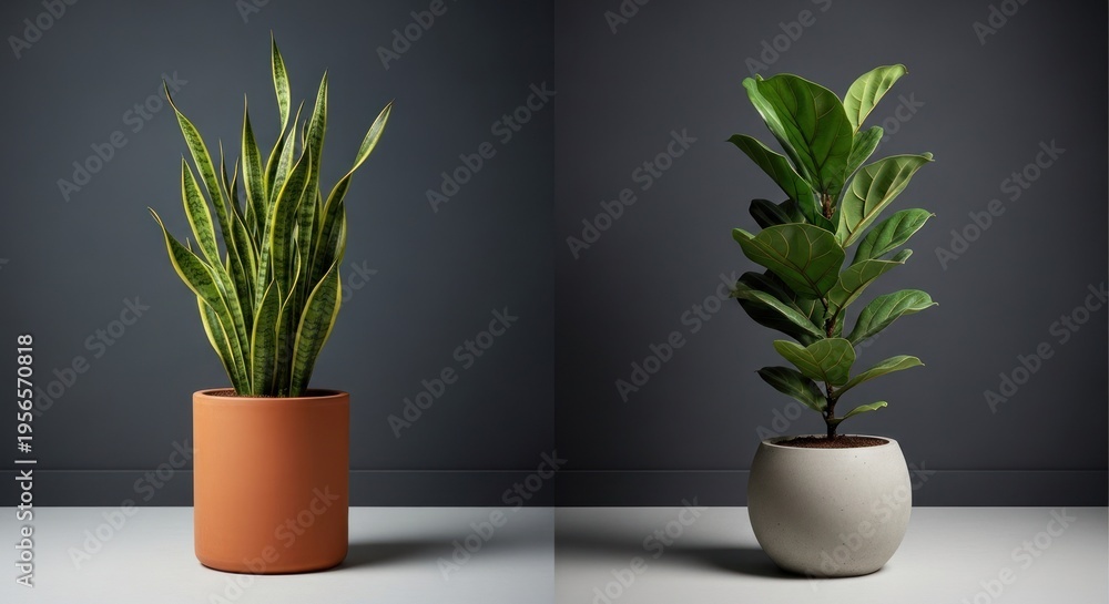 Fototapeta premium Two indoor plants in terracotta and white pots against a dark gray background