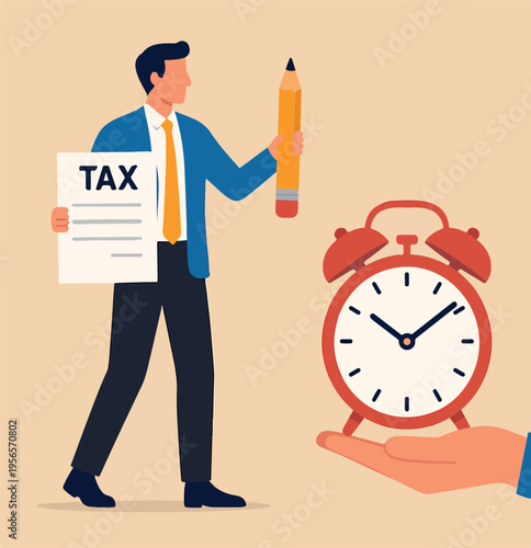 Tax time reminder, income tax planning, government payment date or financial refund, schedule or revenue calculation concept, businessman holding pencil with tax paper document and alarm clock