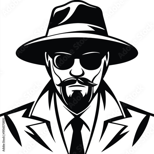 Confident man in coat and hat wears sunglasses, styled with mustache and beard art