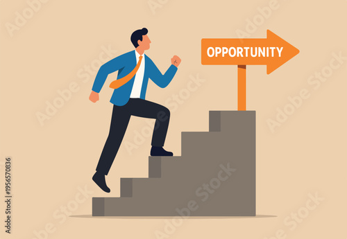 Opportunity, chance or career possibility to make decision, life choice to grow business, work accessibility, challenge or potential way to success, businessman climb up stair to see opportunity sign