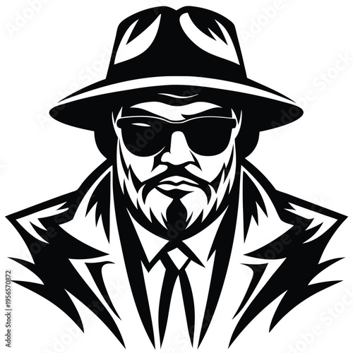 Confident Caucasian man with beard and fedora is wearing sunglasses and suit in black