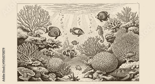 Vintage Engraving Illustration of a Vibrant Coral Reef Underwater Scene