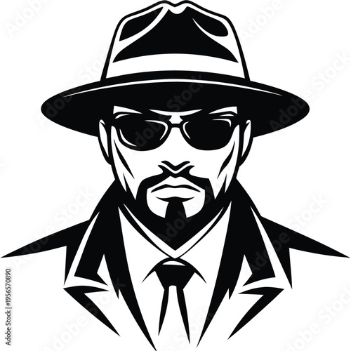 Confident man in hat and sunglasses exudes mystery in black and white