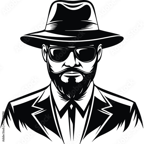 Confident man sports a fedora and sunglasses; art exhibits high contrast