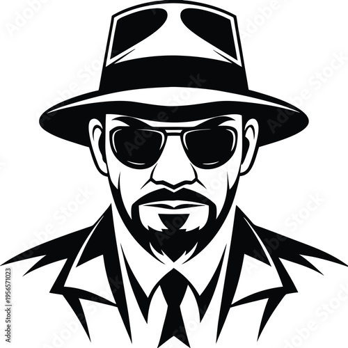 Confident man wearing sunglasses and hat poses mysteriously in a bold black and white vector