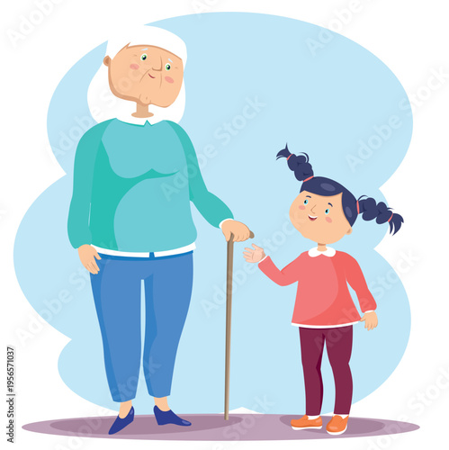 Happy grandmother talking to her little granddaughter, senior woman spending time with grandchild, family bonding and generations concept.