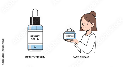 Woman holding blue face cream with beauty serum bottle in minimalist flat illustration in soft calming lighting for skincare advertising