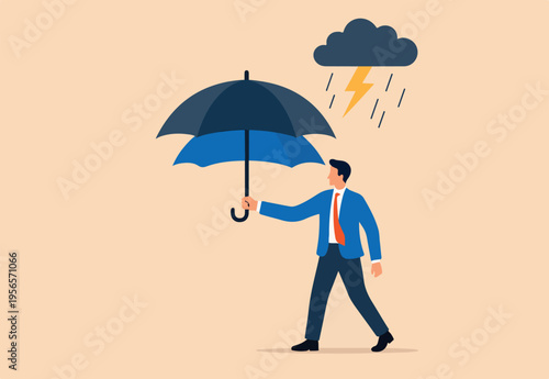Extra protection for thunderstorm ahead, business protection or insurance, resilience or shield to survive crisis situation concept, businessman holding double layers umbrella to protect against storm
