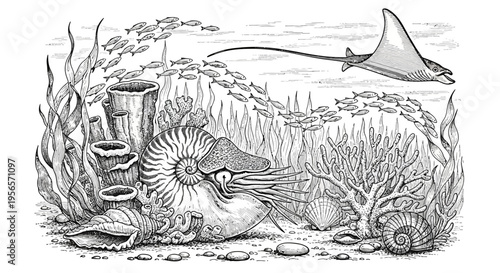 Detailed Underwater Marine Life Illustration with Nautilus and Stingray