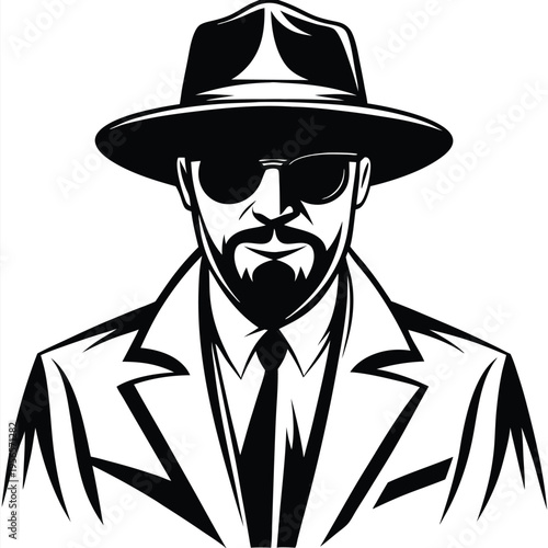 Confident man with a beard, hat, sunglasses, and a suit presents a striking look