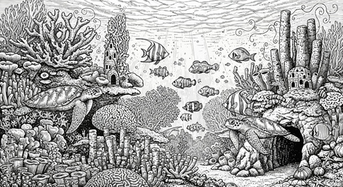 Detailed Underwater Coral Reef Coloring Page with Sea Turtles and Tropical Fish