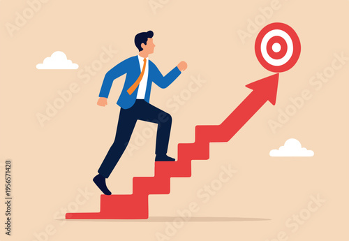 Reach target or progress to reach goal, career step to success, achievement or growth, challenge and motivation to succeed concept, businessman walking up stair with arrow as path to reach goal.
